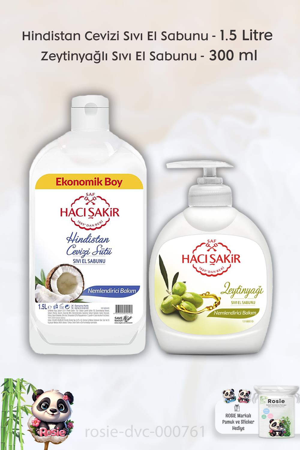 Hacı Şakir Hindistan Cevizi Sıvı El Sabunu 1500 ml,  Zeytinyağlı Nemlendirici Sıvı Sabun 300 ml ve ROSIE