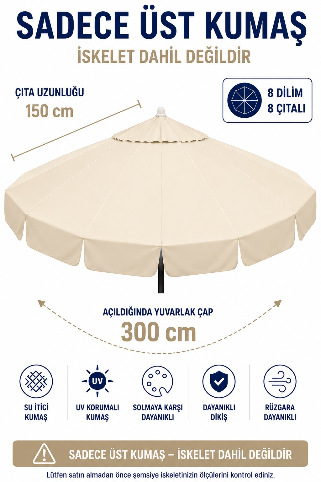 Makaralı Bahçe Şemsiyesi ile Uyumlu Krem Polyester Kumaş 300/8