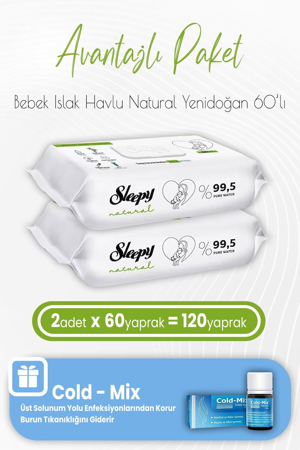 Sleepy Natural Yenidoğan Bebek Havlusu 60 x 2 (120 Yaprak) ve İnhaler Damla