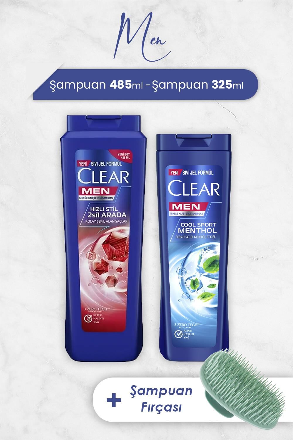 Clear Hızlı Stil Şampuan 485 ml, Mentol Etkisi 325 ml ve Şampuan Fırçası