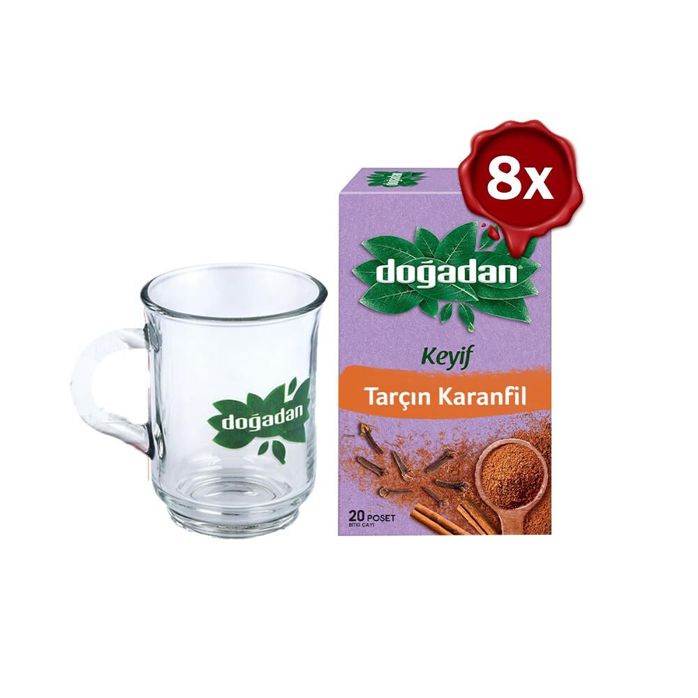 Doğadan Tarçın ve Karanfil Bardak Poşet Çay 20'Li x 8 ve Doğadan Cam Bardak Hediyeli
