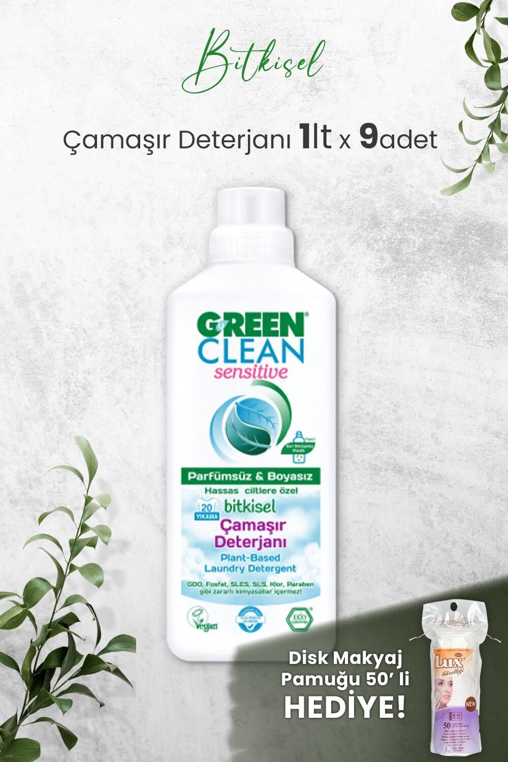 Green Clean Sensıtıve Kokusuz Çamaşır Deterjanı 1 L x 9 Adet ve Hediyeli