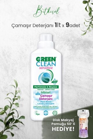Green Clean Sensıtıve Kokusuz Çamaşır Deterjanı 1 L x 9 Adet ve Hediyeli