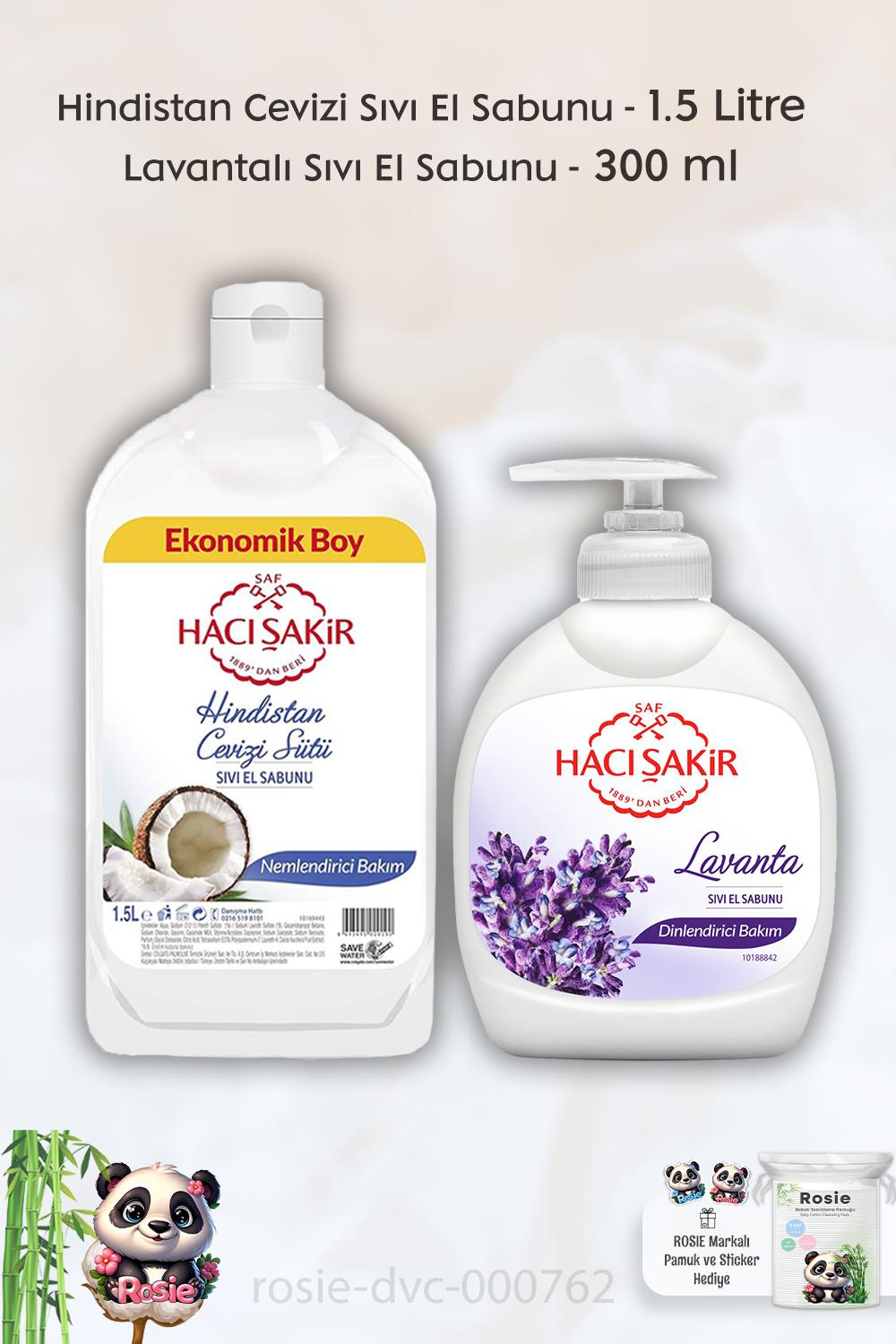 Hacı Şakir Hindistan Cevizi Sıvı El Sabunu 1500 ml,  Lavanta Dinlendirici Sıvı Sabun 300 ml ve ROSIE