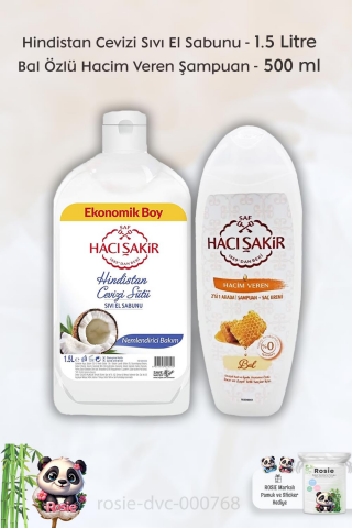 Hacı Şakir Hindistan Cevizi Sıvı El Sabunu 1500 ml,  Bal 2si 1 Arada Şampuan 500 ml ve ROSIE