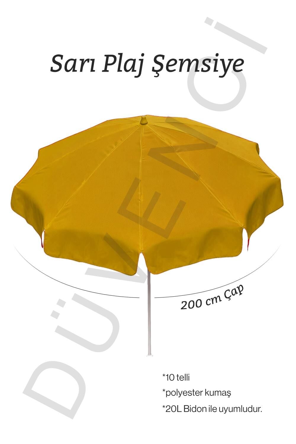 Sarı Plaj Şemsiyesi 200 cm çap /10 telli, Polyester Kumaş