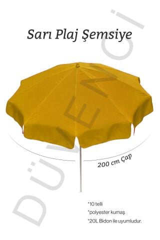 Sarı Plaj Şemsiyesi 200 cm çap /10 telli, Polyester Kumaş