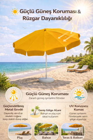 Sarı Plaj Şemsiyesi 200 cm çap /10 telli, Polyester Kumaş