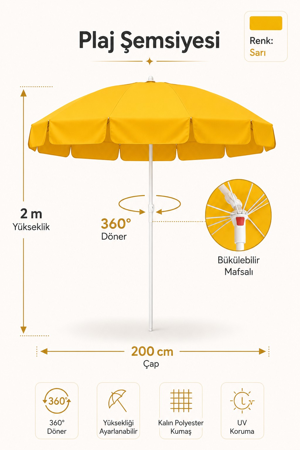 Sarı Plaj Şemsiyesi 200 cm çap /10 telli, Polyester Kumaş