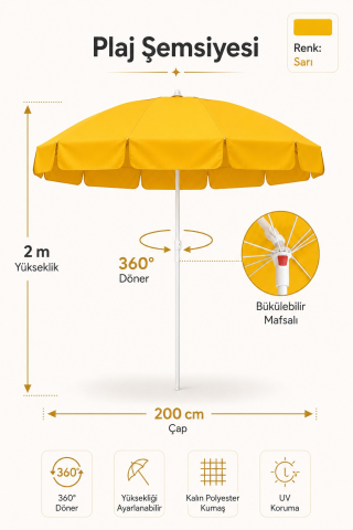 Sarı Plaj Şemsiyesi 200 cm çap /10 telli, Polyester Kumaş