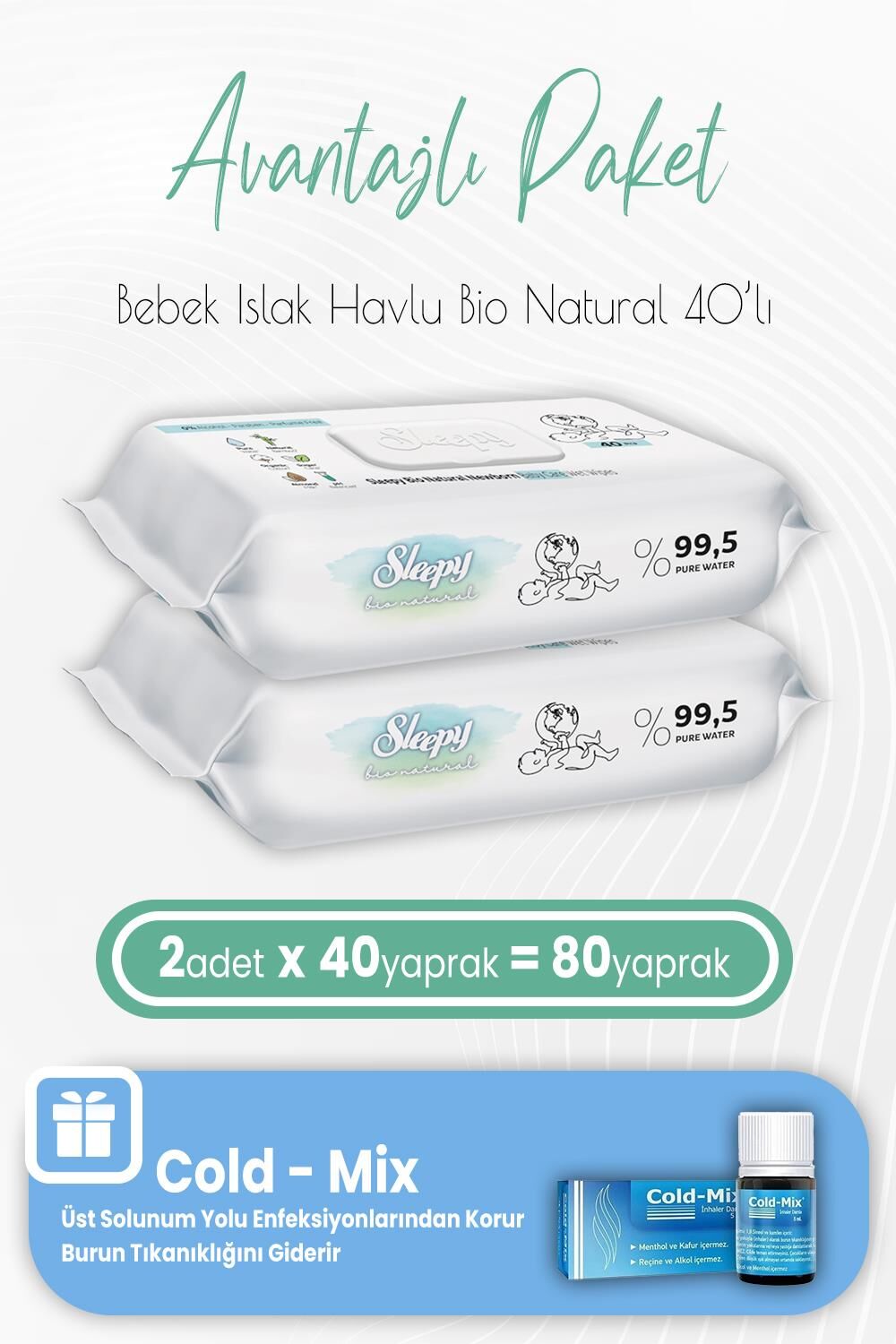 Sleepy Bio Natural Yenidoğan Islak Havlu 40 x 2 (80 Yaprak) ve İnhaler Damla