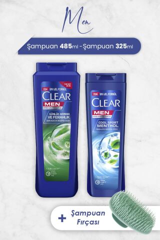Clear Men Şampuan Günlük Arınma 485 ml, Mentol Etkisi 325 ml ve Şampuan Fırçası