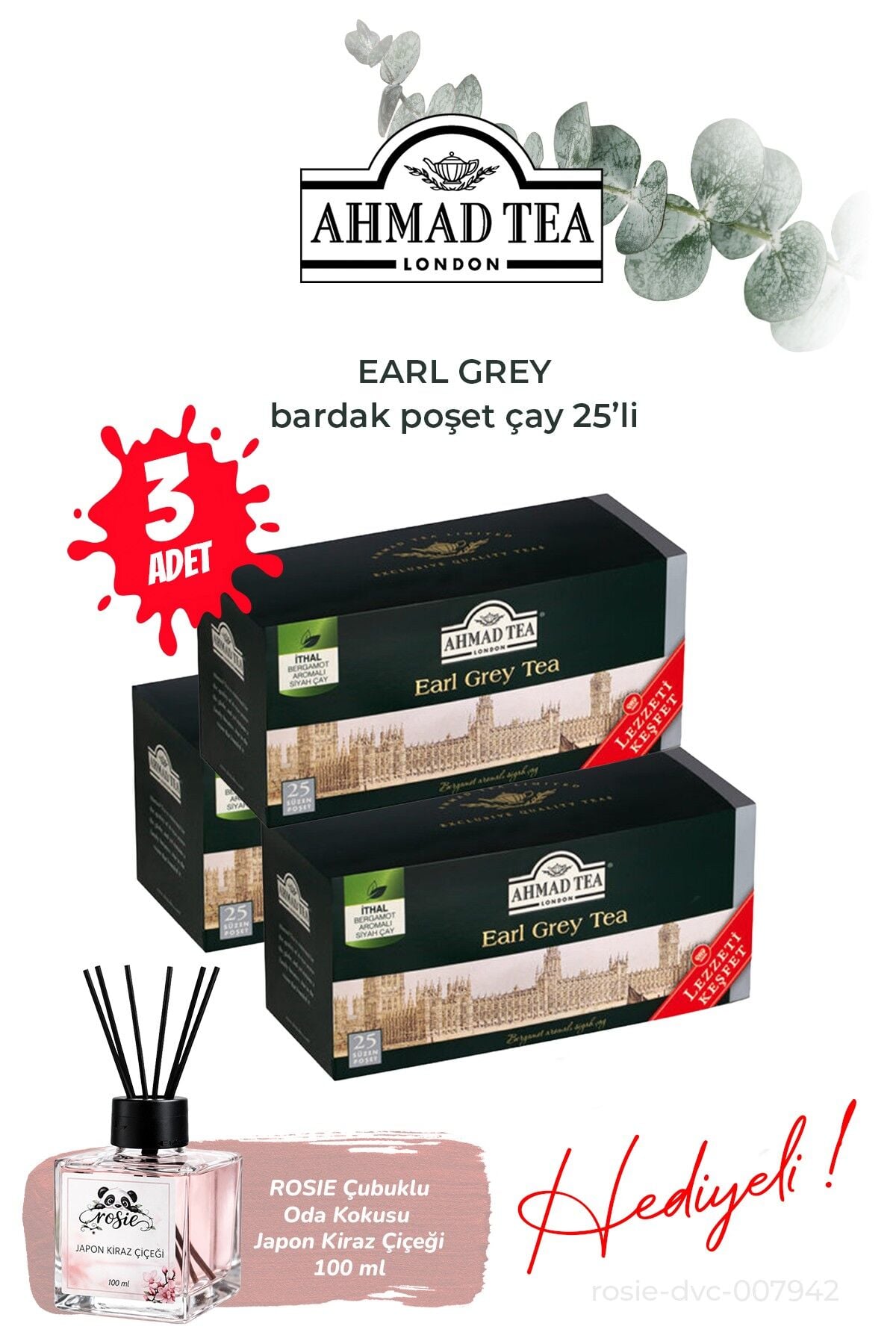 Bardak Poşet Çay 25'li Earl Grey 3 paket ve Oda Kokusu