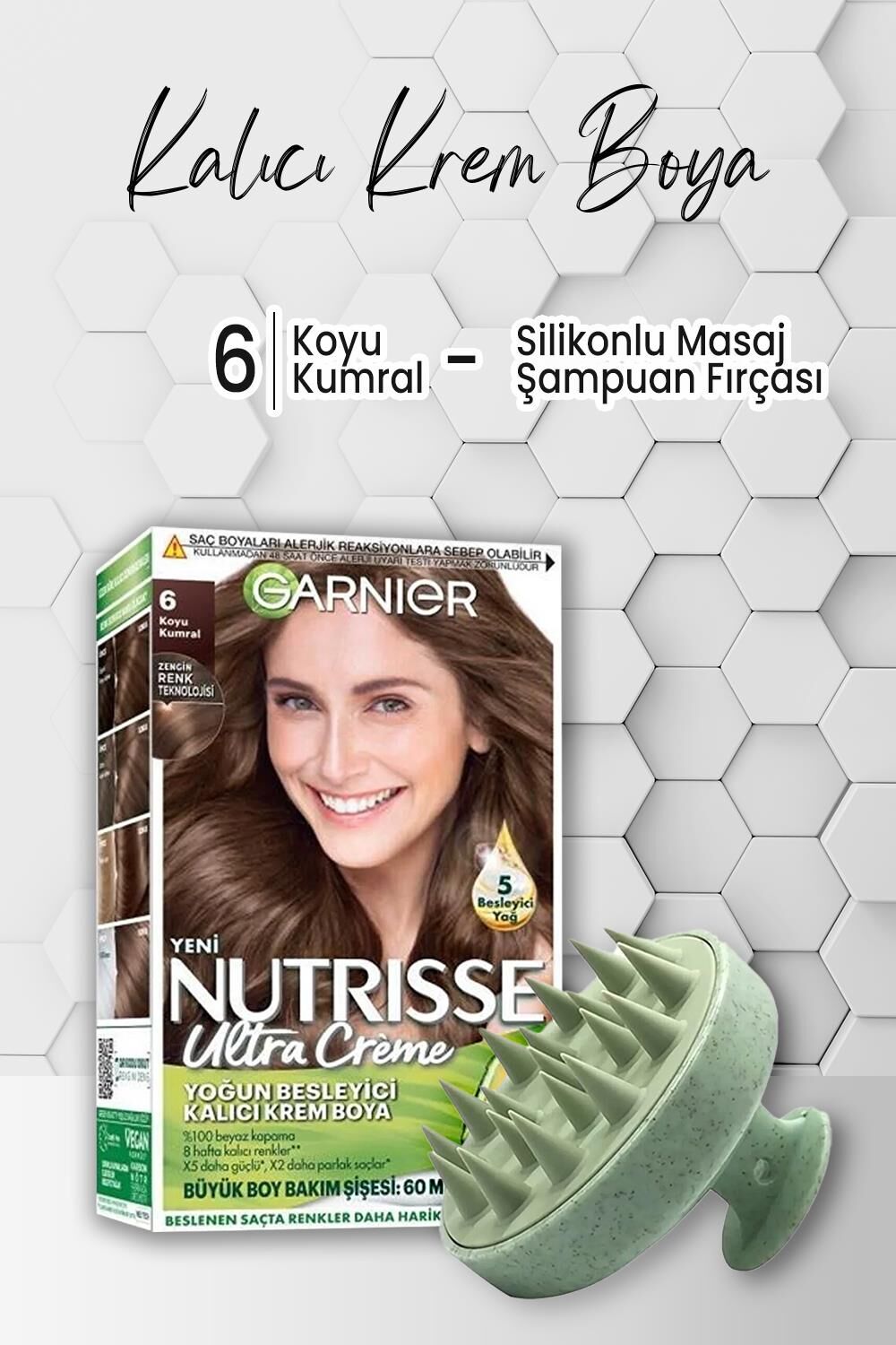Garnier Nutrisse Kalıcı Krem Saç Boyası 6 Koyu Kumral ve Şampuan Fırçası Yeşil