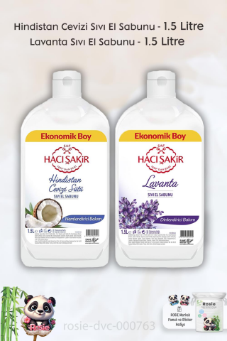 Hacı Şakir Hindistan Cevizi Sıvı El Sabunu 1500 ml, Lavantalı Sıvı Sabun 1500 ml ve ROSIE