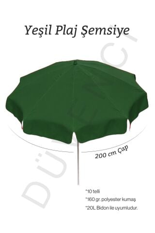 Yeşil Plaj Şemsiyesi 200 cm çap /10 telli, Polyester Kumaş