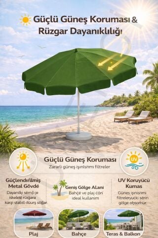Yeşil Plaj Şemsiyesi 200 cm çap /10 telli, Polyester Kumaş