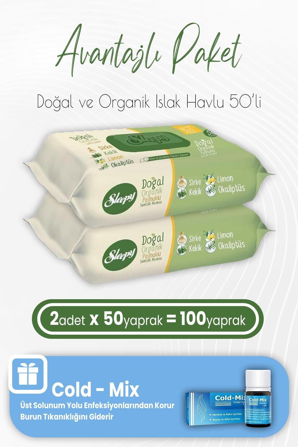 Sleepy Doğal ve Organik Islak Mendil 50 x 2 (100 Yaprak) ve İnhaler Damla
