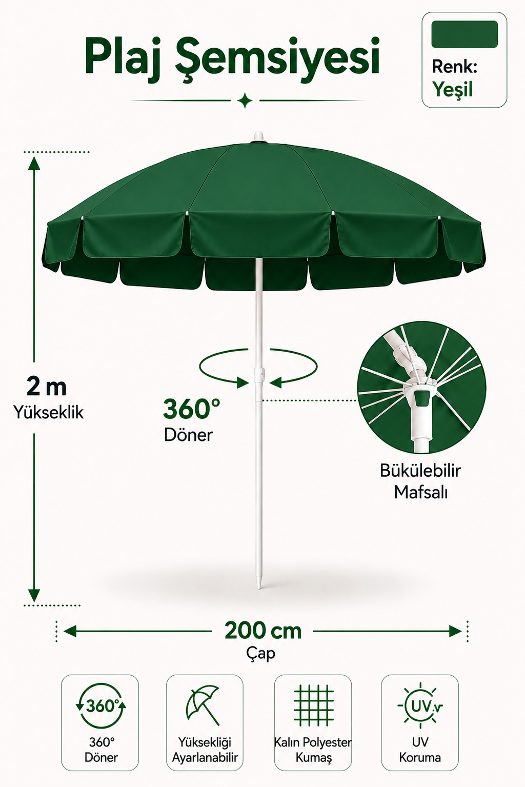 Yeşil Plaj Şemsiyesi 200 cm çap /10 telli, Polyester Kumaş
