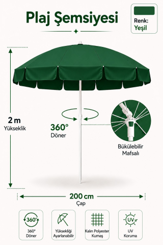 Yeşil Plaj Şemsiyesi 200 cm çap /10 telli, Polyester Kumaş