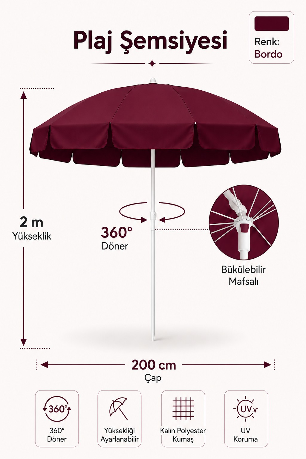 Bordo Plaj Şemsiyesi 200 cm çap /10 telli, Polyester Kumaş
