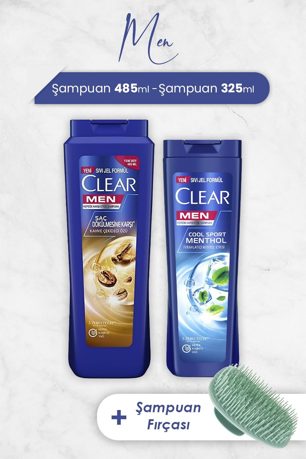 Clear Men Şampuan Saç Dökülmesine Karşı 485 ml, Mentol Etkisi 325 ml ve Şampuan Fırçası