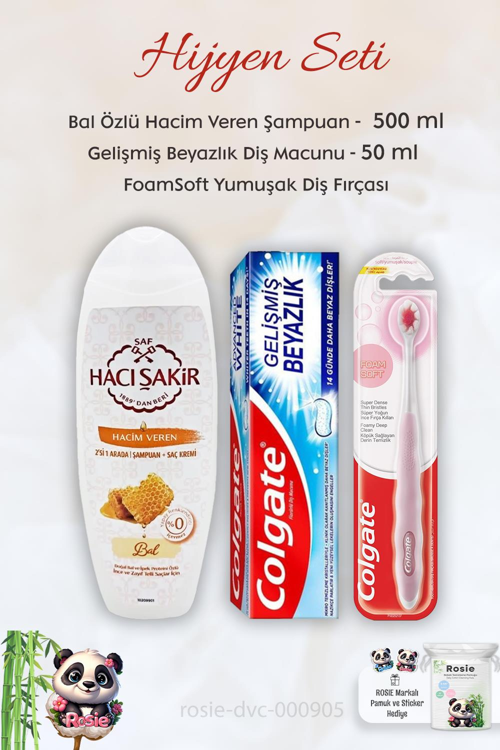 Colgate Diş Macunu Gelişmiş Beyazlık 50 ml,  FoamSoft Diş Fırçası, H.Şakir Ballı Şampuan 500 ml