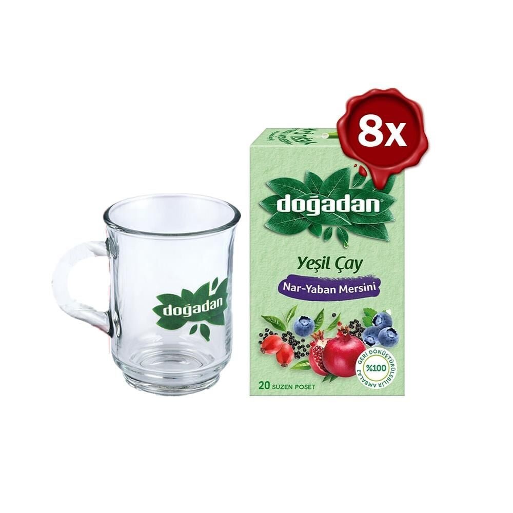 Doğadan Yeşil Çay Nar Yaban Mersini 20'li Paket x 8 ve Doğadan Cam Bardak Hediyeli