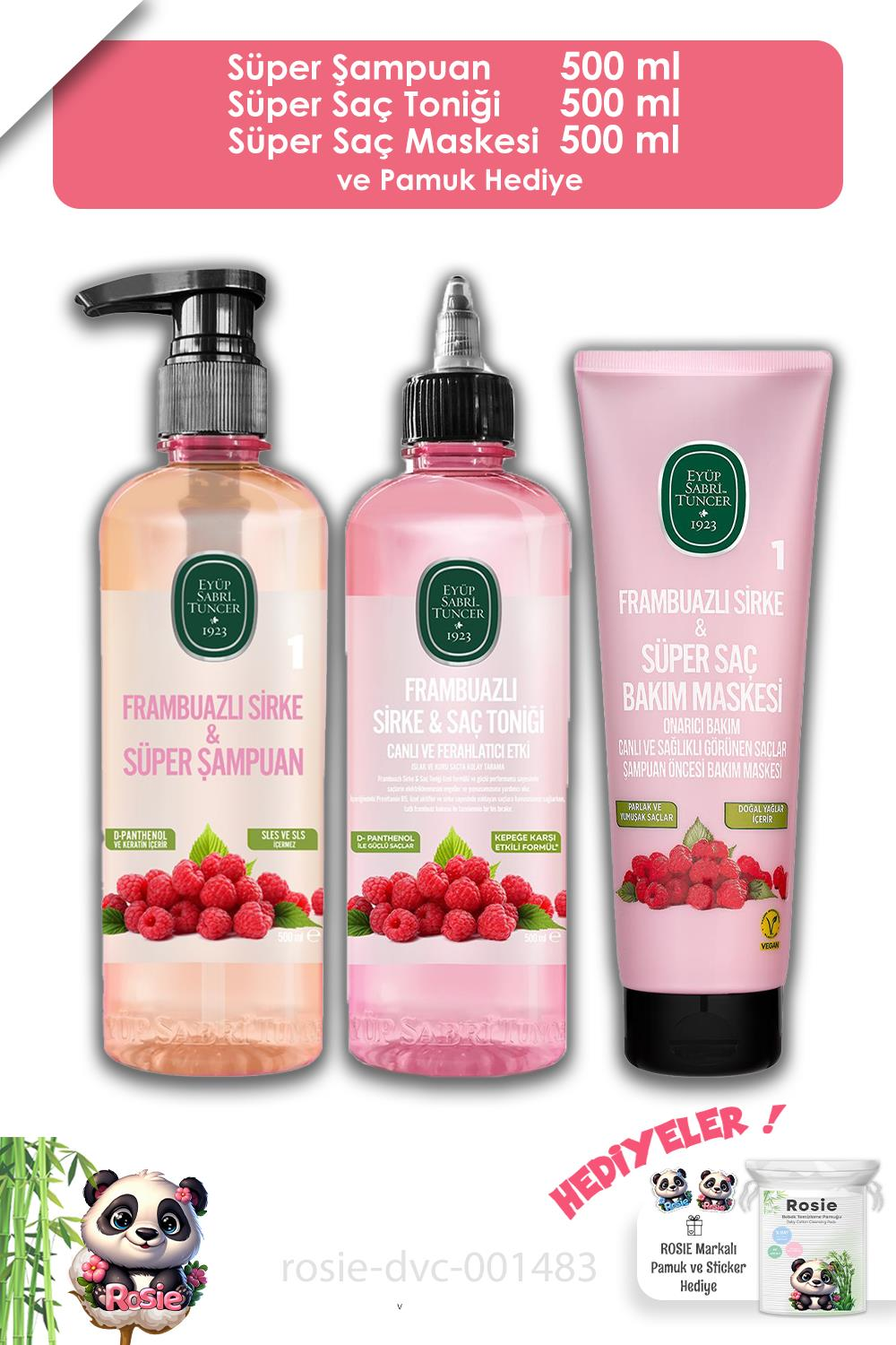 Eyüp Sabri Tuncer Frambuazlı Saç Maskesi 250 ml, Şampuan 500 ml, Saç Toniği 500 ml ve ROSIE