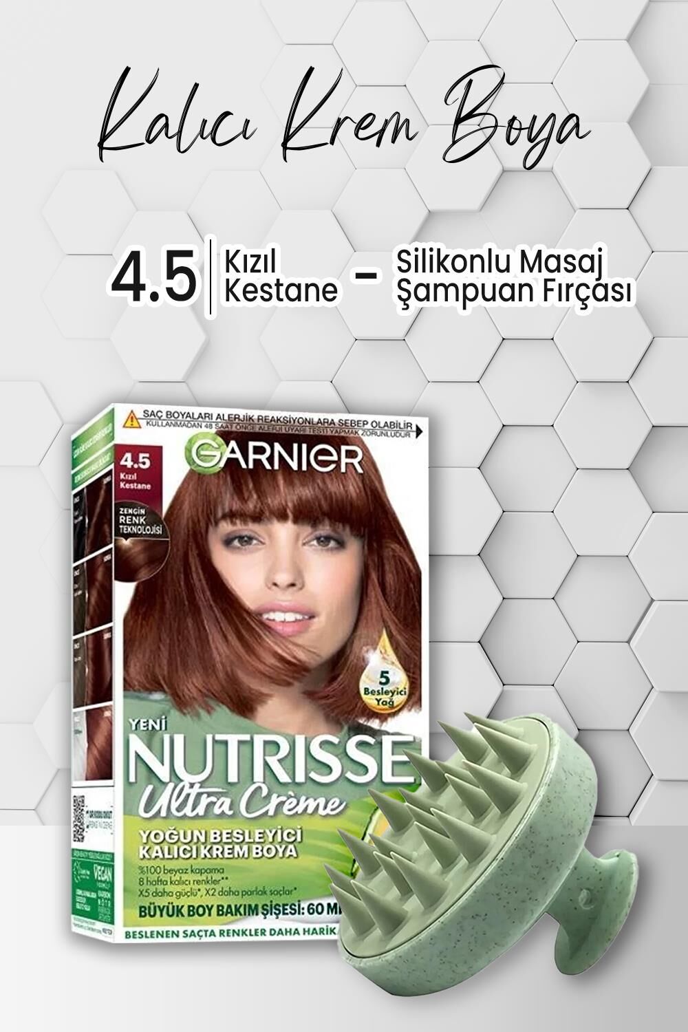 Garnier Nutrisse Kalıcı Krem Saç Boyası 4.5 Kızıl Kestane ve Şampuan Fırçası Yeşil