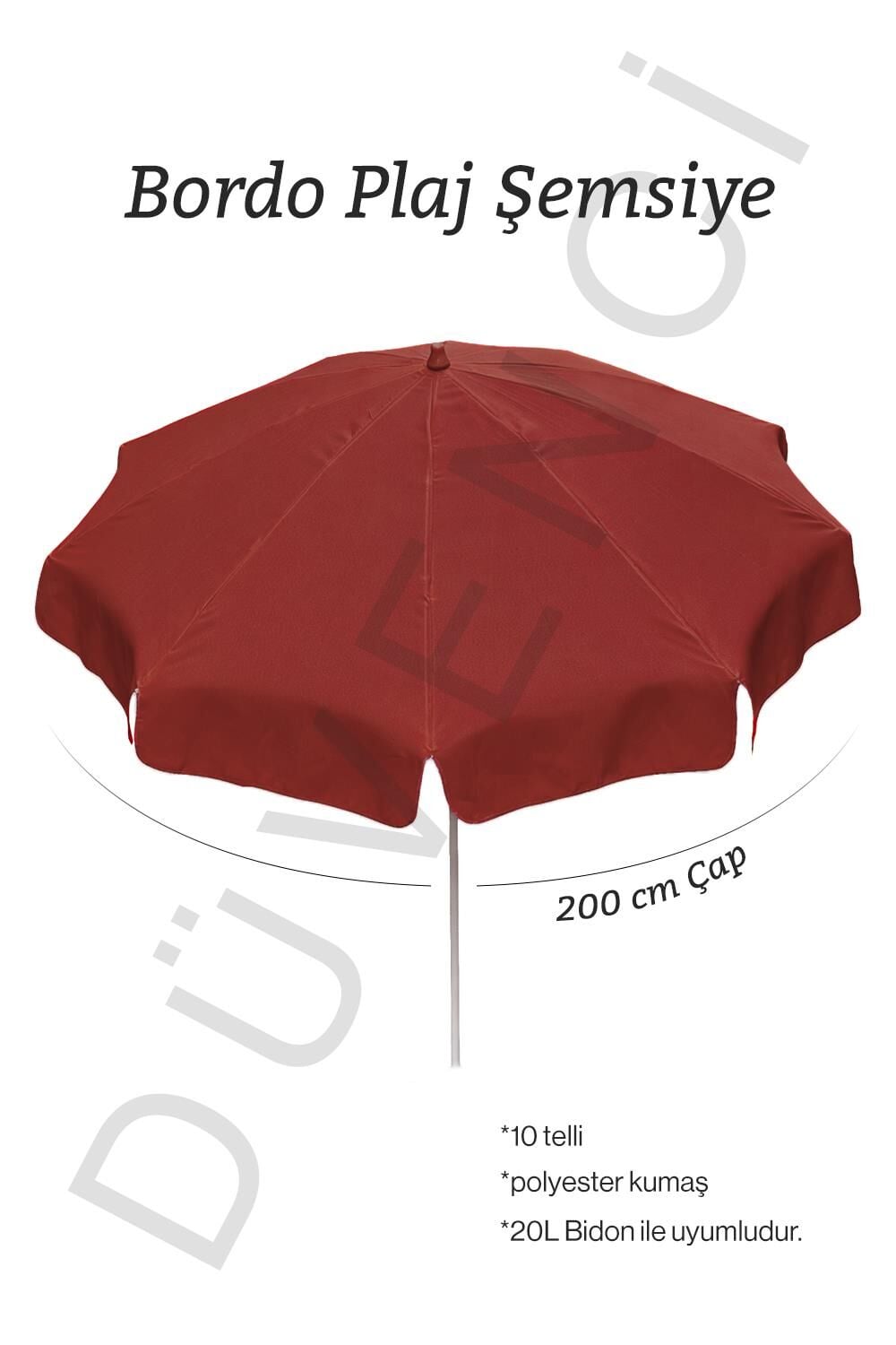 Bordo Plaj Şemsiyesi 200 cm çap /10 telli, Polyester Kumaş