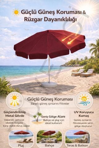 Bordo Plaj Şemsiyesi 200 cm çap /10 telli, Polyester Kumaş