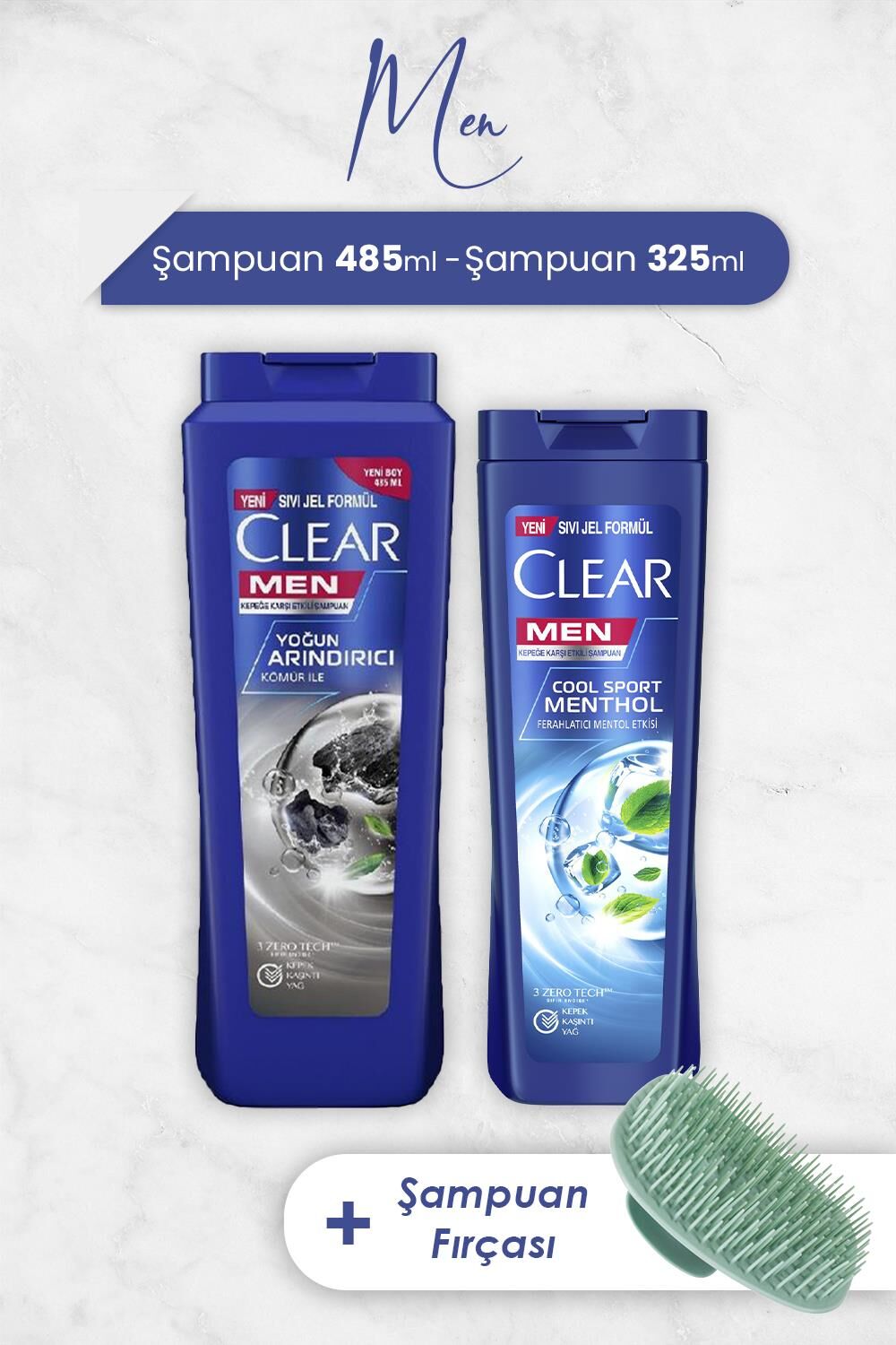 Clear Men Şampuan Yoğun Arındırıcı 485 ml, Mentol Etkisi 325 ml ve Şampuan Fırçası