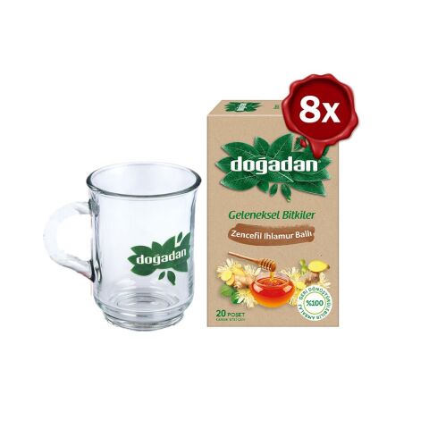 Doğadan Zencefil Ihlamur Ballı Çay 20'li x 8 ve Doğadan Cam Bardak Hediyeli