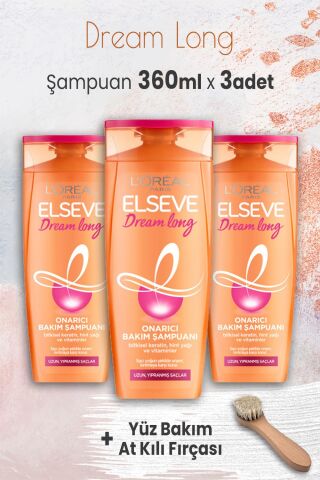 Elseve Dream Long Onarıcı Şampuan 360 ml x 3 Adet ve Yüz Bakım At Kılı Fırçası