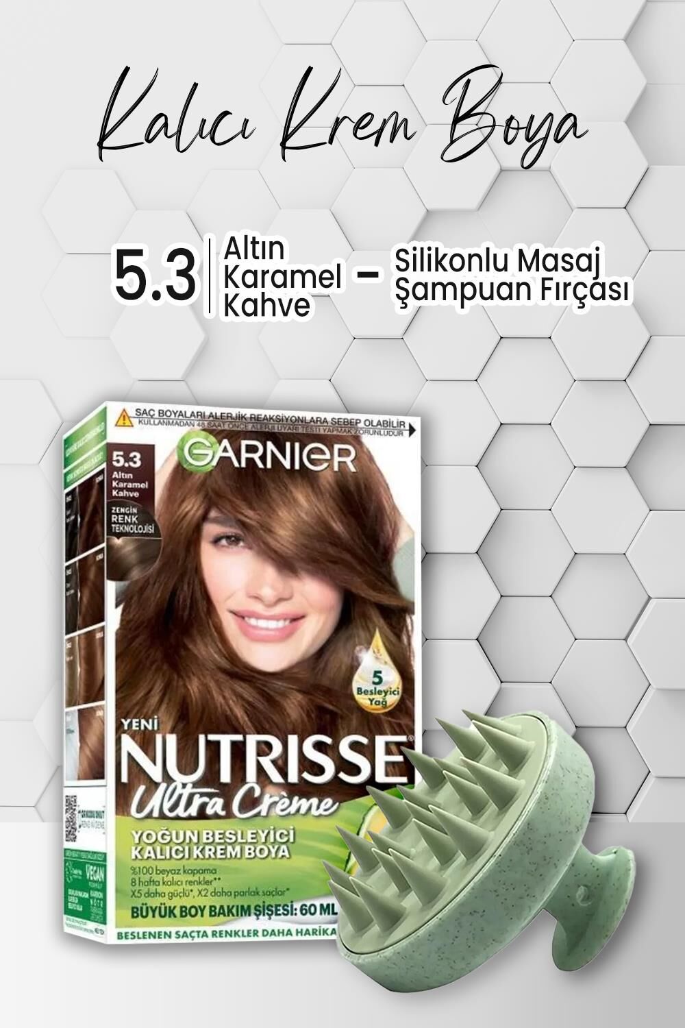 Garnier Nutrisse Kalıcı Krem Saç Boyası 5.3 Altın Karamel Kahve ve Şampuan Fırçası Yeşil