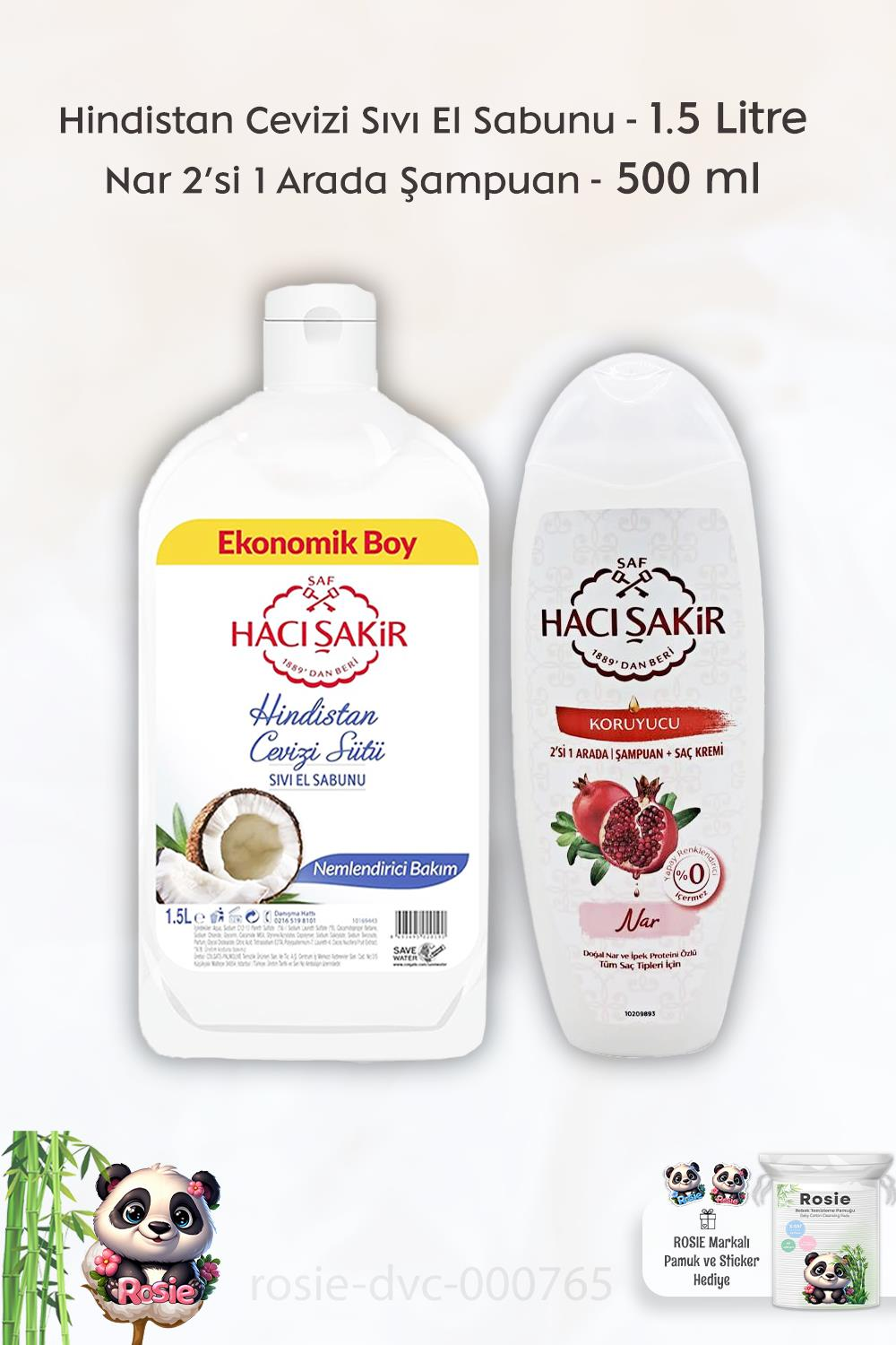 Hacı Şakir Hindistan Cevizi Sıvı El Sabunu 1500 ml,  Nar 2si 1 Arada Şampuan 500 ml ve ROSIE