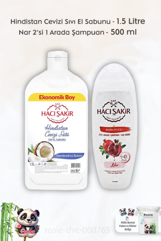 Hacı Şakir Hindistan Cevizi Sıvı El Sabunu 1500 ml,  Nar 2si 1 Arada Şampuan 500 ml ve ROSIE
