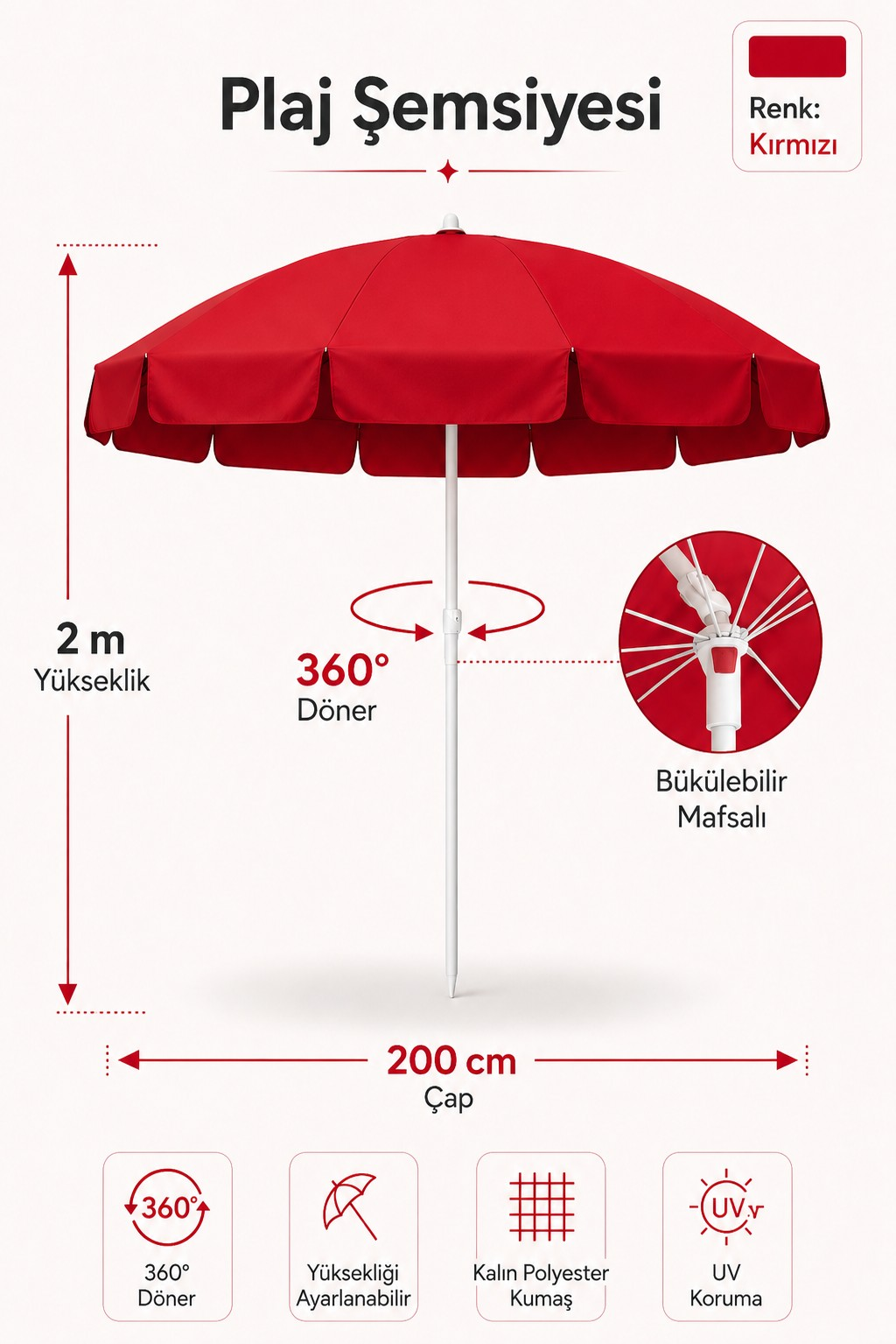 Kırmızı Plaj Şemsiyesi 200 cm çap /10 telli, Polyester Kumaş