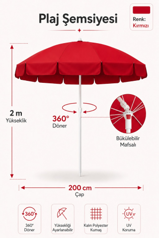 Kırmızı Plaj Şemsiyesi 200 cm çap /10 telli, Polyester Kumaş