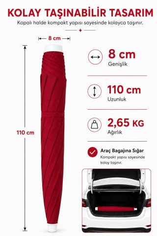 Kırmızı Plaj Şemsiyesi 200 cm çap /10 telli, Polyester Kumaş