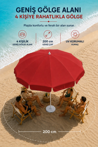 Kırmızı Plaj Şemsiyesi 200 cm çap /10 telli, Polyester Kumaş