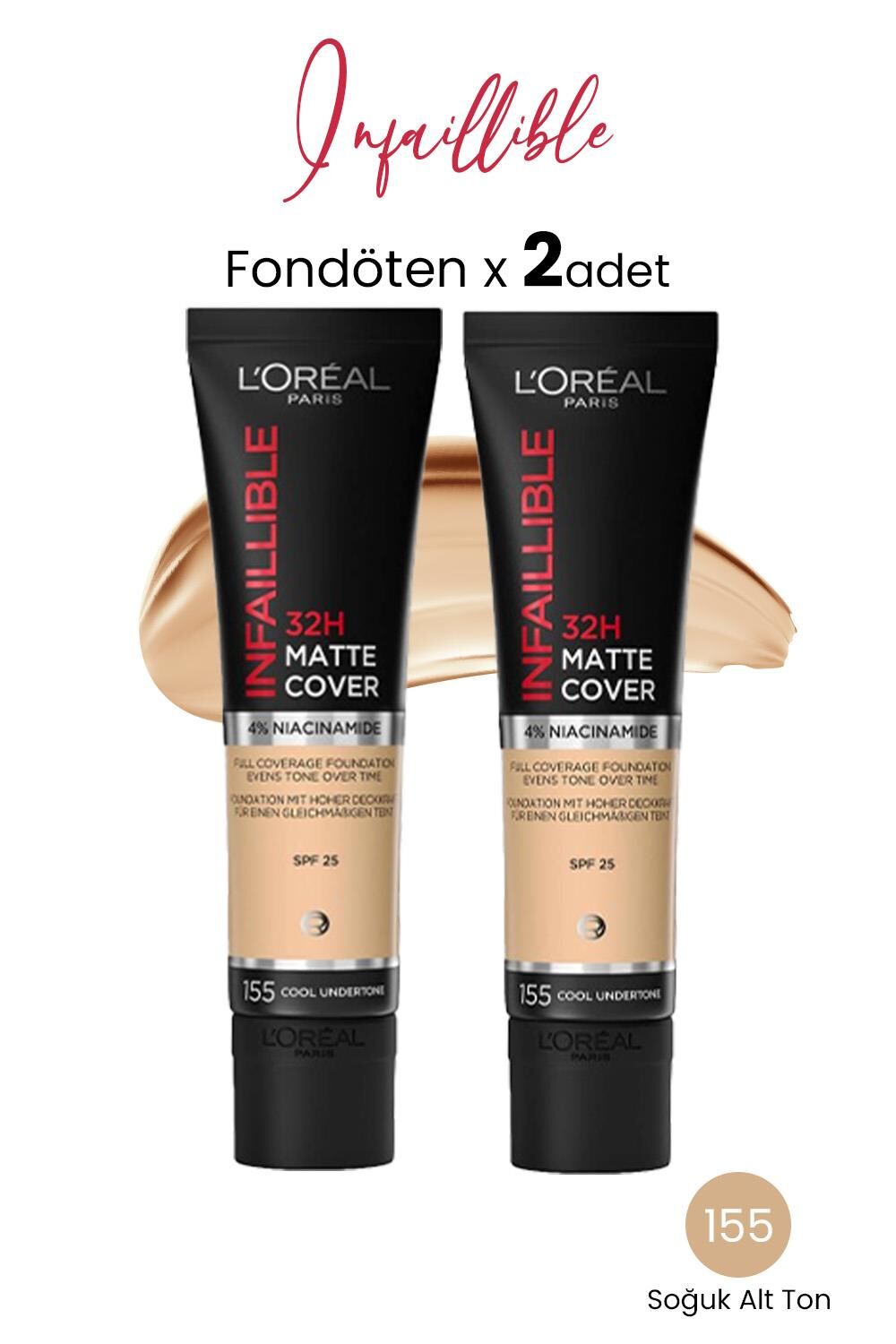 Loreal Paris Infaillible Matte Cover Fondöten SPF25 Soğuk Alt Ton 155 x 2 Adet