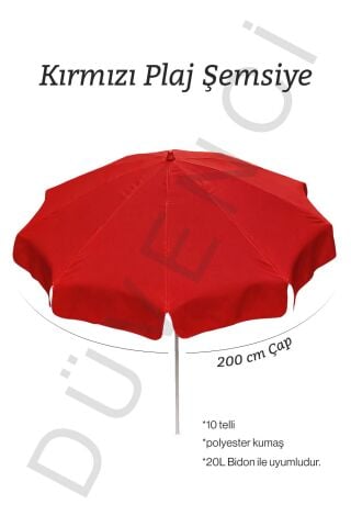 Kırmızı Plaj Şemsiyesi 200 cm çap /10 telli, Polyester Kumaş