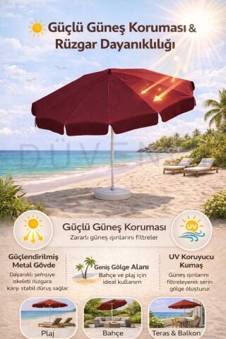 Kırmızı Plaj Şemsiyesi 200 cm çap /10 telli, Polyester Kumaş