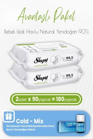 Sleepy Natural Yenidoğan Islak Mendili 90 x 2 (180 Yaprak) ve İnhaler Damla