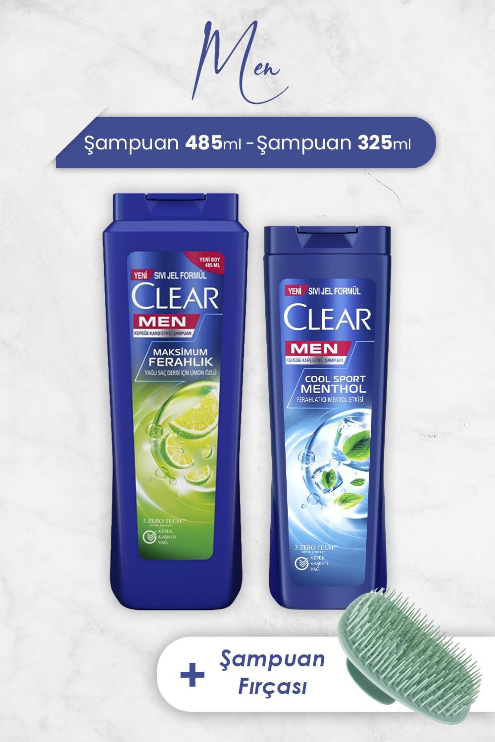 Clear Men Şampuan Maksimum Ferahlık 485 ml, Mentol Etkisi 325 ml ve Şampuan Fırçası