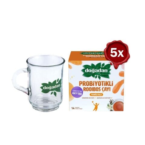 Doğadan Probiyotikli Roobios Vanilya Bardak Poşet Çay 14' lü x 5 ve Doğadan Cam Bardak Hediyeli