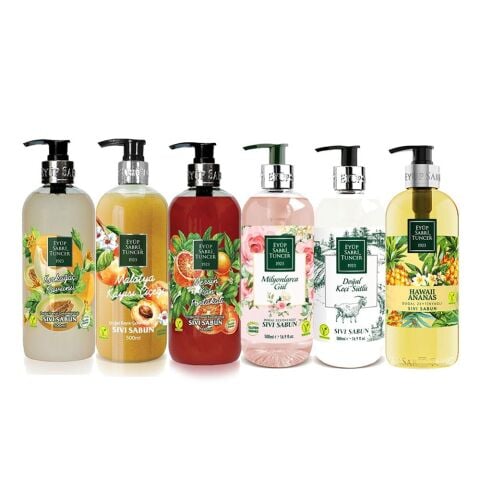 Eyüp Sabri Tuncer Sıvı Sabun Seti Kırkağaç Kavunu, Malatya Kayısı Çiçeği, Mersin Kan Portakalı, Milyonlarca Gül, Keçi Sütlü, Hawaii Ananas 500 ml