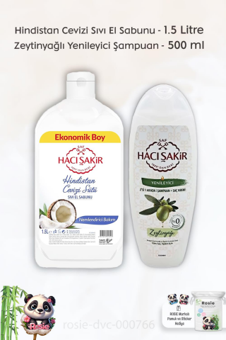 Hacı Şakir Hindistan Cevizi Sıvı El Sabunu 1500 ml, Zeytinyağlı 2si 1 Arada Şampuan 500 ml ve ROSIE